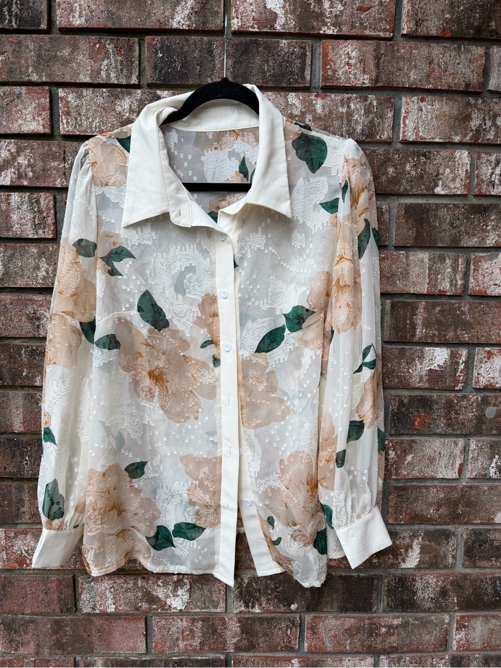 Sheer Floral Button-Up Blouse in Cream and Green